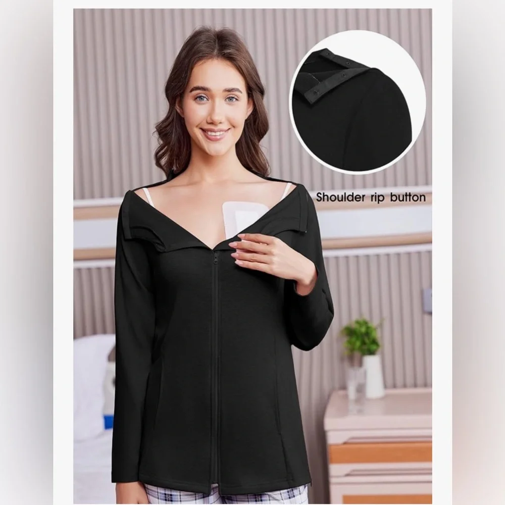 NWOT Deyeek Women’s Black Long Sleeve Zip Up Post Op Shirt w/ Drain Pockets M - Picture 8 of 12